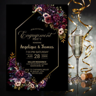 Invitation Purple Burgundy Floral Black Engagement Party