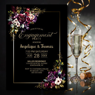 Invitation Purple Burgundy Floral Black Engagement Party