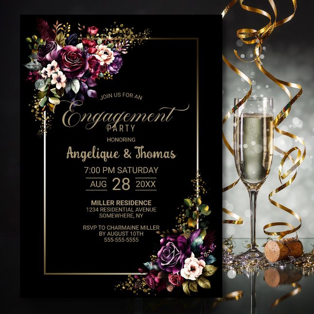Invitation Purple Burgundy Floral Black Engagement Party (Créateur téléchargé)