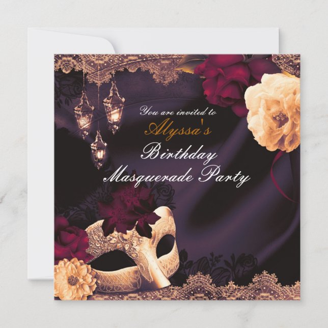 Invitation Purple & Burgundy Floral & Lace Masquerade Party (Devant)