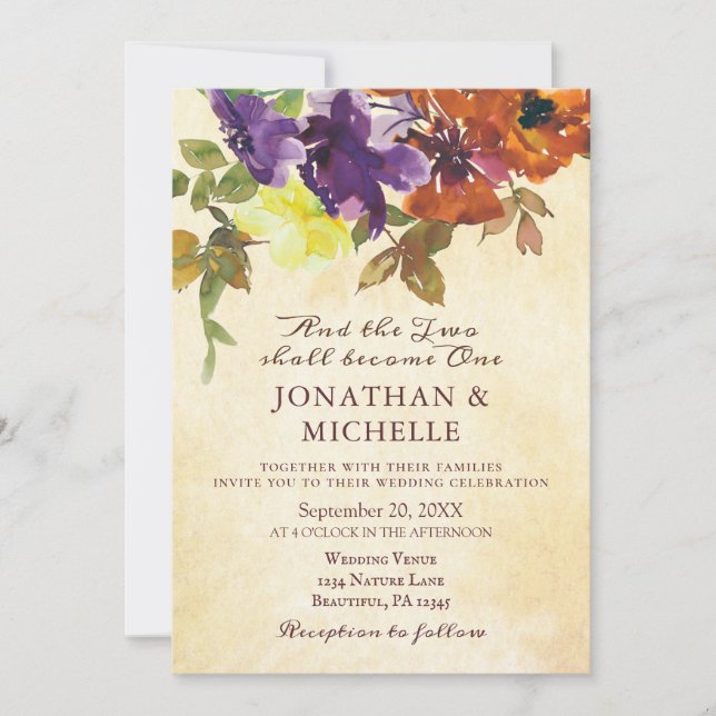 Invitation Purple Burne Orange Floral Mariage chrétien (Devant)