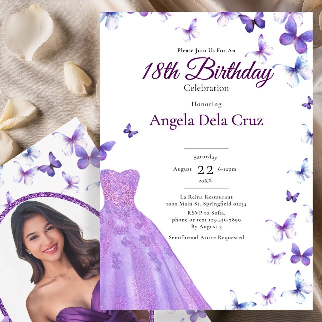 Invitation Purple Butterflies And Dress 18th Birthday Debut (Créateur téléchargé)