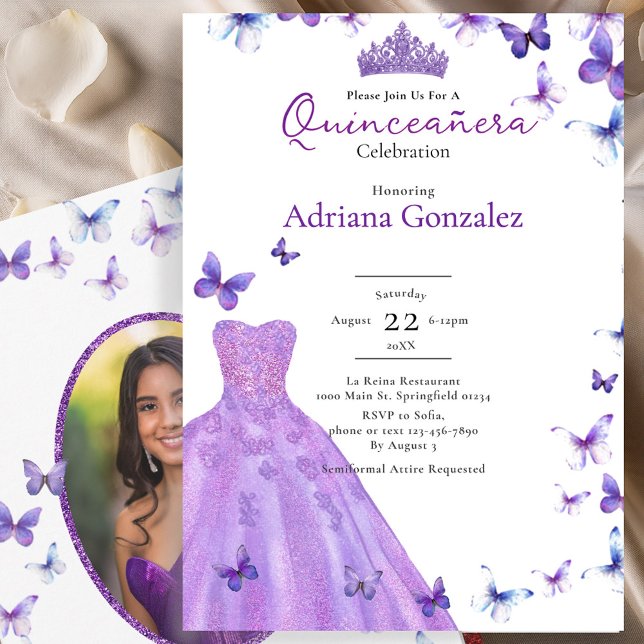 Invitation Purple Butterflies Dress Photo 15 XV Quinceanera (Créateur téléchargé)
