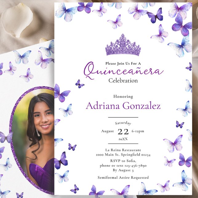 Invitation Purple Butterflies Tiara Photo 15 XV Quinceanera (Créateur téléchargé)