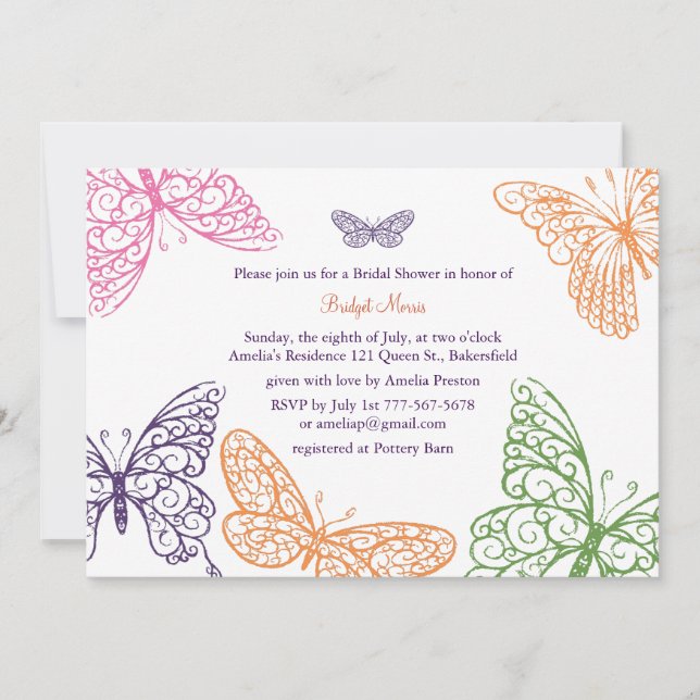 Invitation Purple Butterfly embrasse une averse nuptiale Invi (Devant)