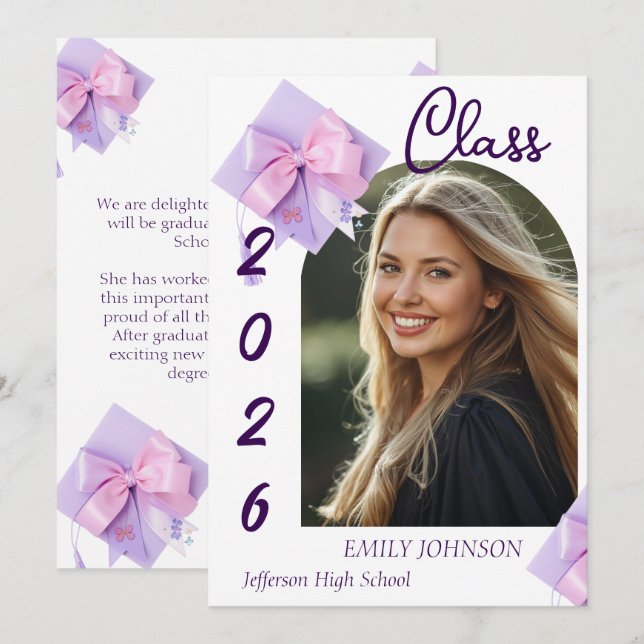 Invitation Purple Cap Photo Graduation Announcement  (Devant / Derrière)