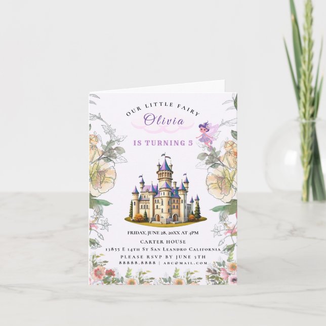 Invitation Purple Castle Fairytale Anniversaire Thème avec Fa (Devant)
