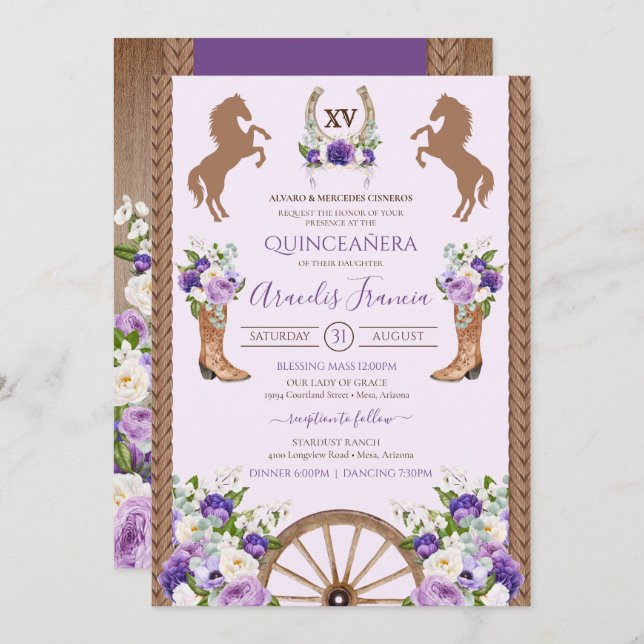 Invitation Purple Charra Quinceanera Floral Rustique Ouest (Devant / Derrière)