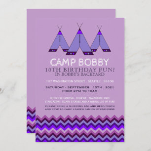 Invitation Purple Chevron Tipi, Camping Anniversaire