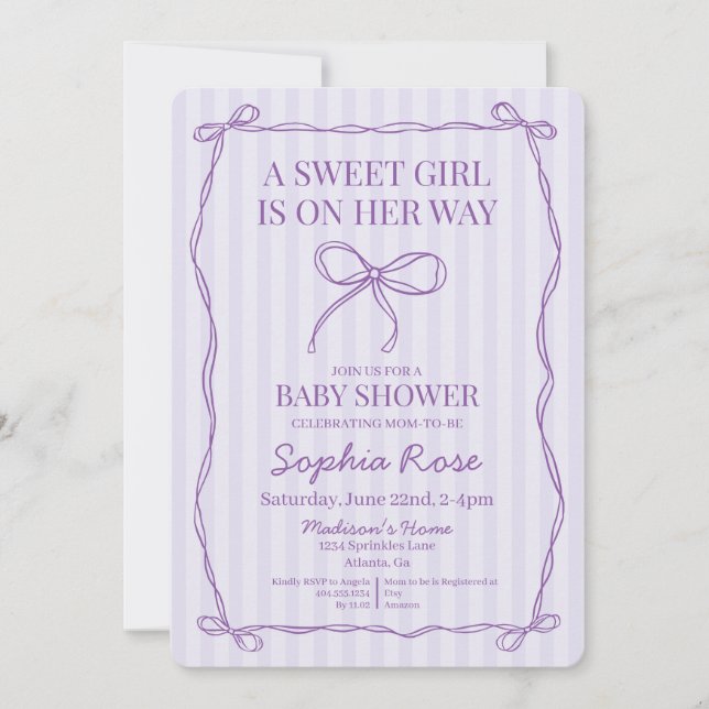 Invitation Purple Coquette Bow Pastel Lavender Baby shower (Devant)