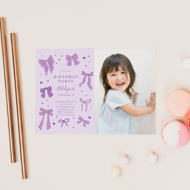 Invitation Purple Coquette Bows Anniversaire Photo (Créateur téléchargé)