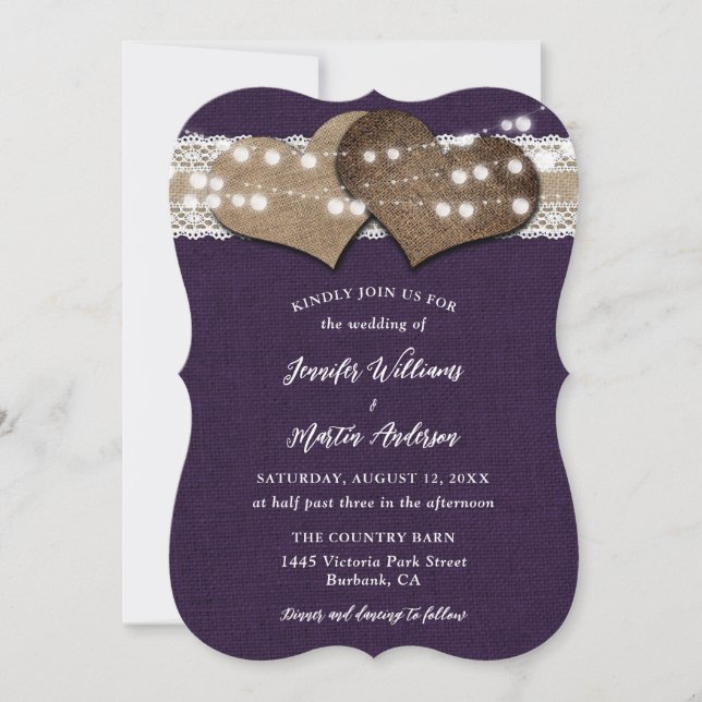 Invitation Purple Country Burlap Lace String Mariage (Devant)