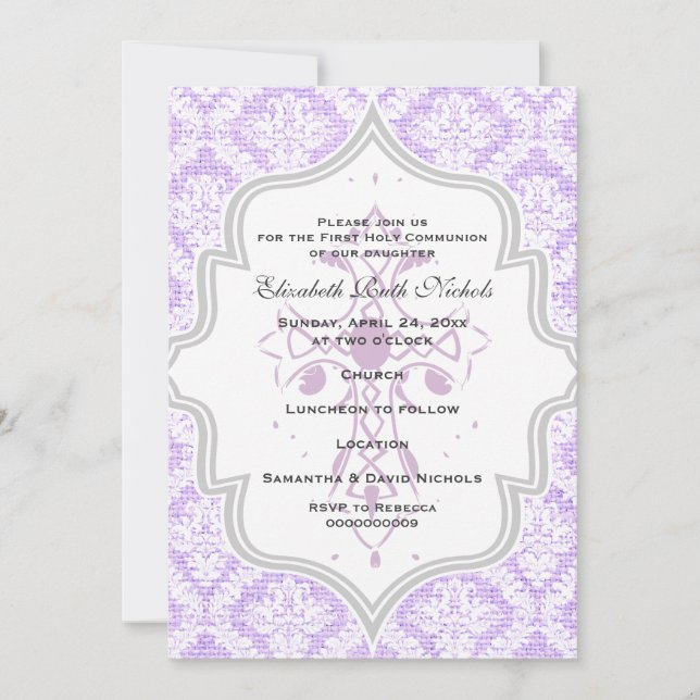 Invitation Purple Croix blanc damassé burlap Première communi (Devant)
