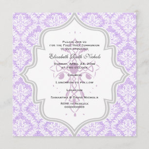 Invitation Purple Croix blanc damassé burlap Première communi