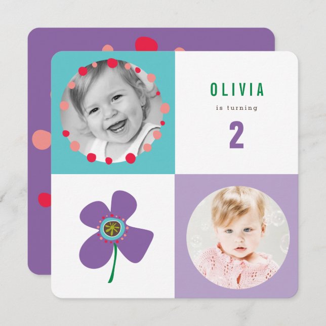 Invitation Purple Daisy Pop Carré fille Anniversaire Photo In (Devant / Derrière)