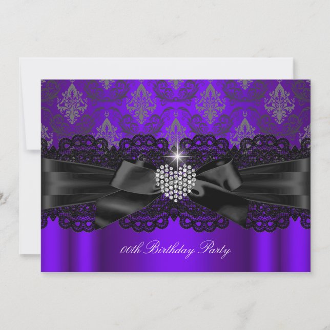 Invitation Purple Diamond Heart Damask Anniversaire Party (Devant)