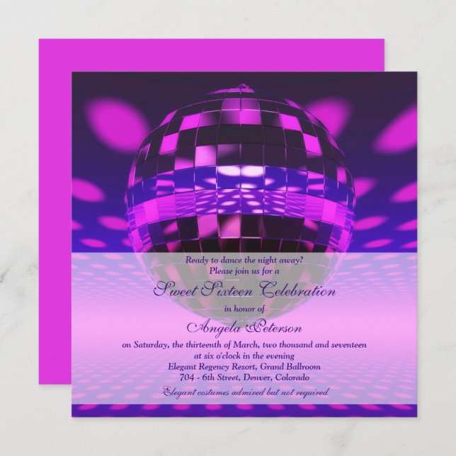 Invitation Purple Disco Ball Sweet 16 Anniversaire (Devant / Derrière)