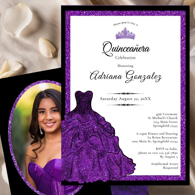 Invitation Purple Dress and Tiara Custom Photo Quinceanera (Créateur téléchargé)
