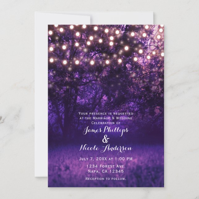 Invitation Purple Dusk String Lumières Forêt Rustique Mariage (Devant)
