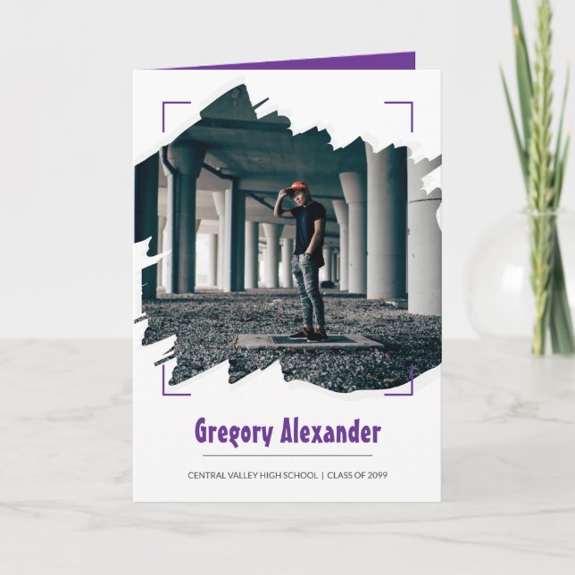 Invitation Purple Edgy Abstrait Brushstroke Photo Graduation (Devant)