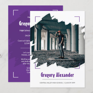 Invitation Purple Edgy Abstrait Brushstroke Photo Graduation