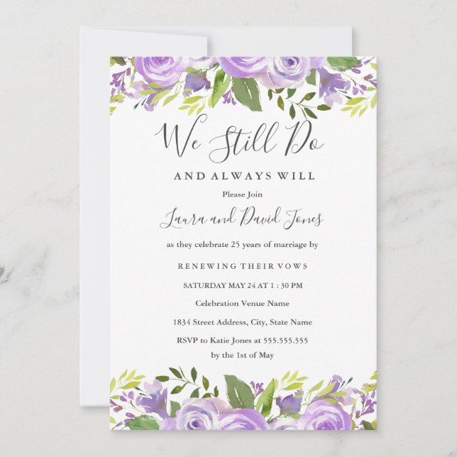 Invitation Purple Elegant Aquarelle Floral Vow Renouvellement (Devant)