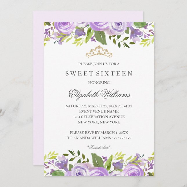 Invitation Purple Elegant Aquarelle Sweet sixteen Floral (Devant / Derrière)