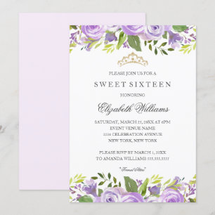 Invitation Purple Elegant Aquarelle Sweet sixteen Floral