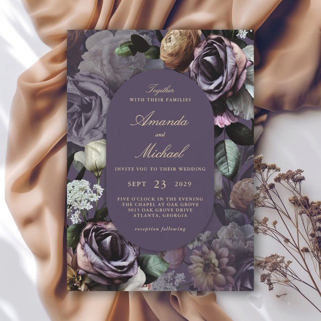 Invitation Purple Elegant Dark Moody Floral Mariage (Available in both printed and instant download digital formats.)