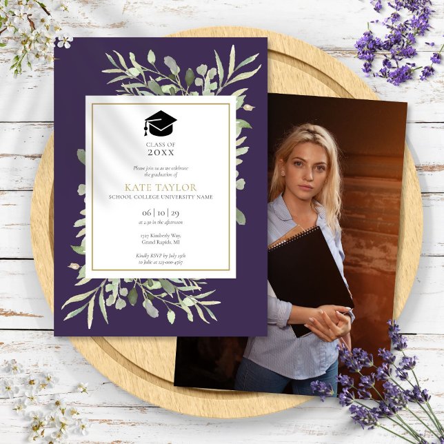 Invitation Purple Elegant Green Photo Party Graduation (Purple Elegant Greenery Photo Graduation Party Invitation)