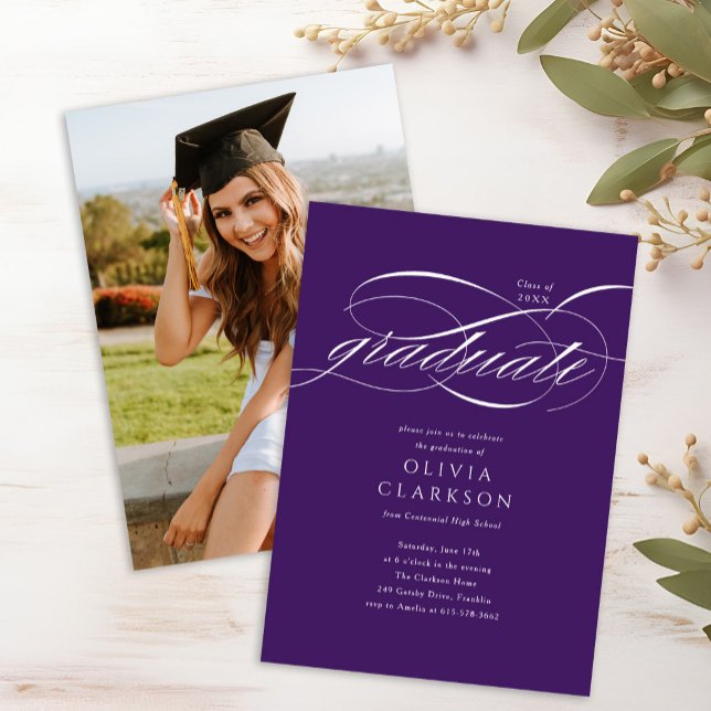 Invitation Purple Elegant Script Photo Graduation Party (Créateur téléchargé)