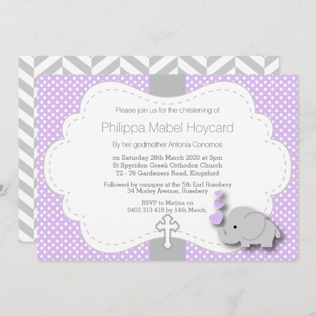 Invitation Purple - Elephant 🐘 Baby - Christening (Devant / Derrière)