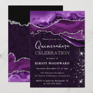Invitation Purple et Argent Paillettes Agate Quinceanera