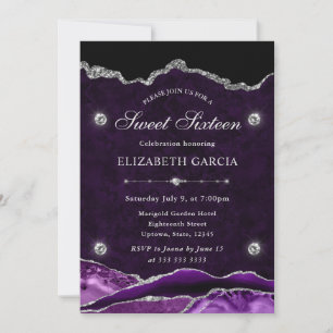 Invitation Purple et Argent Paillettes Agate Sweet Sixteen