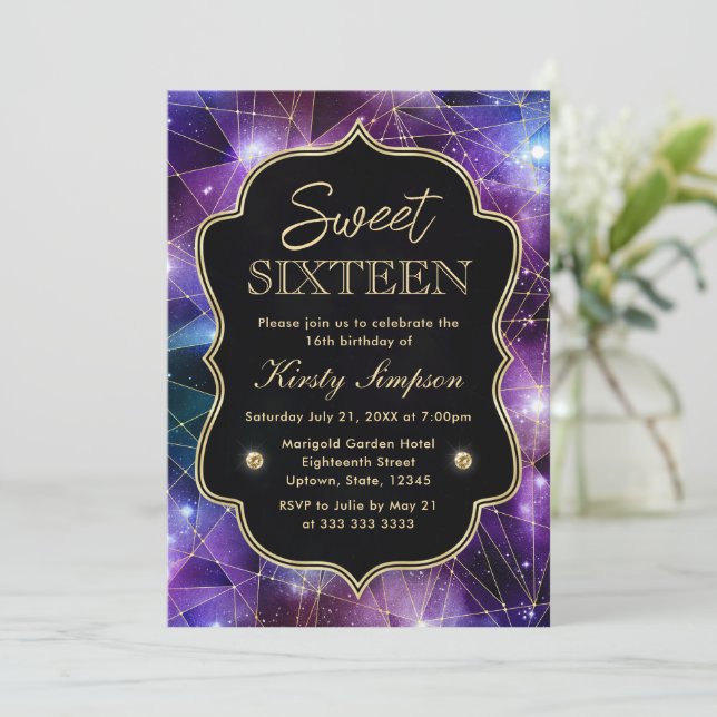Invitation Purple et bleu Minuit Cristal Galaxy Sweet 16 (Debout devant)
