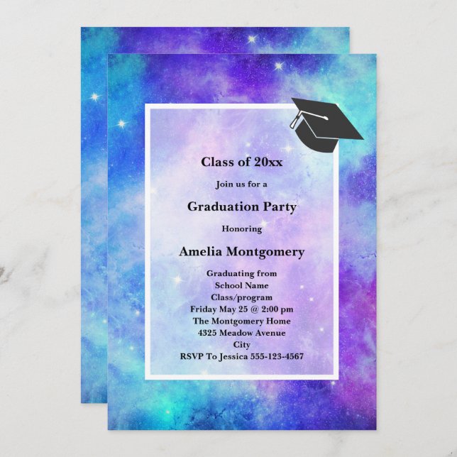 Invitation Purple et Blue Galaxy Espace Graduation Abstraite (Devant / Derrière)