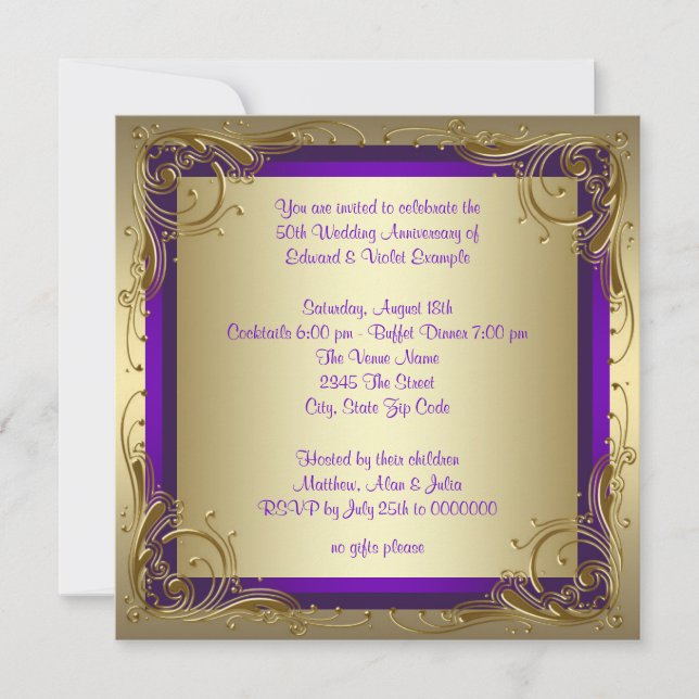Invitation Purple et Gold 50e fête du Mariage (Devant)