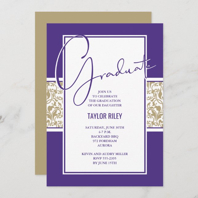 Invitation Purple et Gold Damask Graduation (Devant / Derrière)