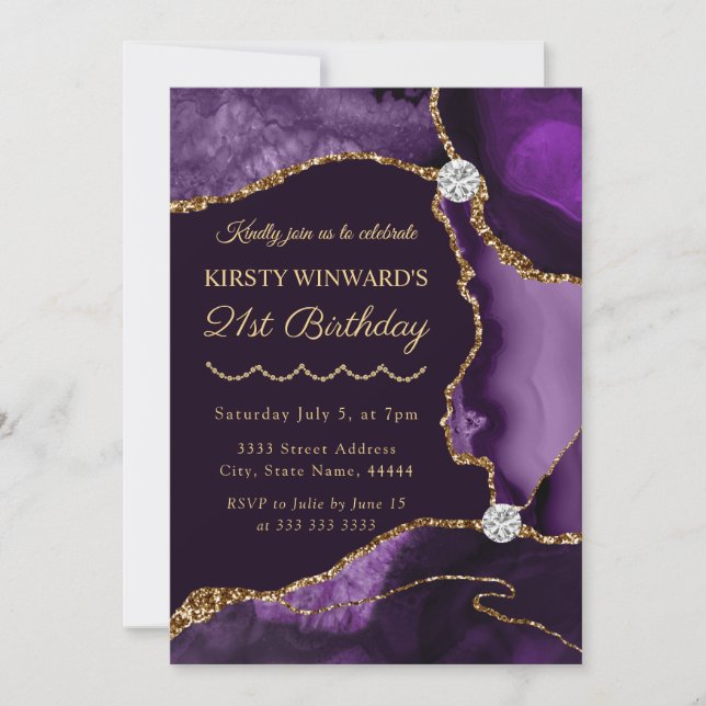 Invitation Purple et Gold Faux Parties scintillant Agate Anni (Devant)