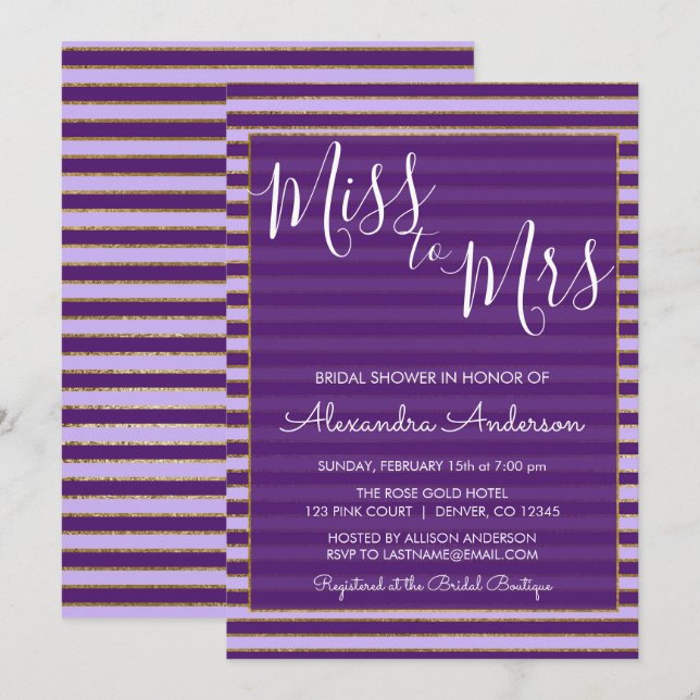 Invitation Purple et Gold Foil Mlle à Mme Fête des mariées (Devant / Derrière)