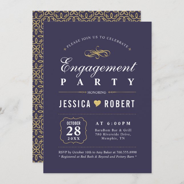 Invitation Purple et or | Elegant Engagement Party (Devant / Derrière)