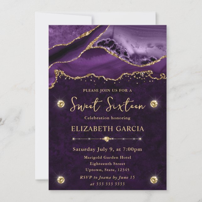 Invitation Purple et or Parties scintillant Agate Sweet 16 (Devant)