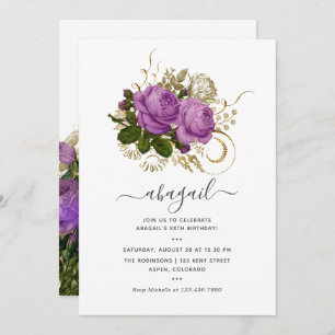 Invitation Purple et or Vintage Chic Floral fête d'anniversai
