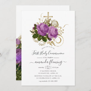 Invitation Purple et or Vintage Chic Floral Sainte Communion