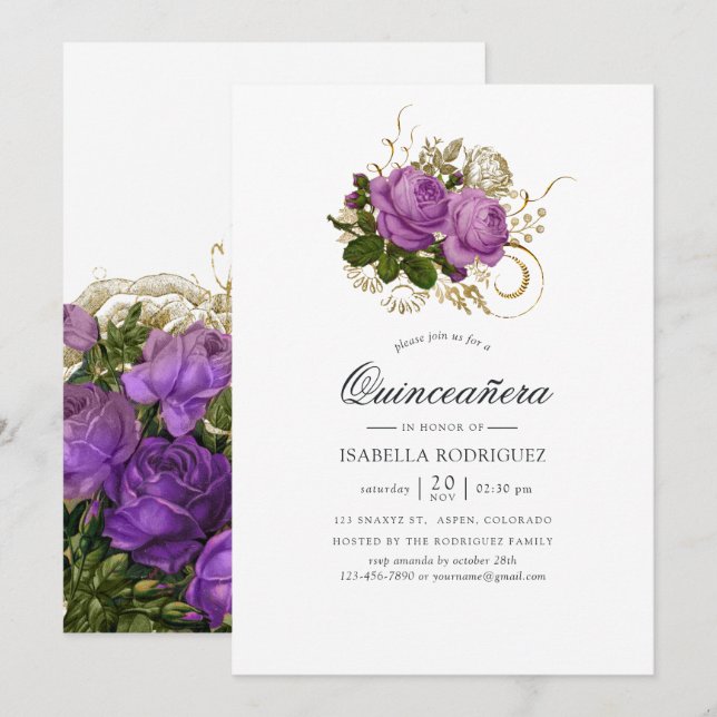 Invitation Purple et Or Vintage Chic Quinceañera (Devant / Derrière)