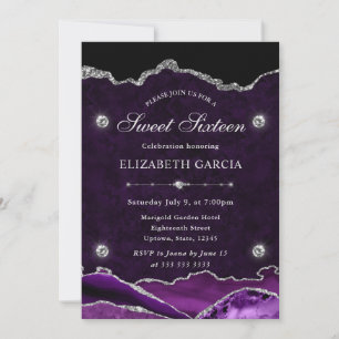 Invitation Purple et Paillettes d'Argent Agate Sweet 16