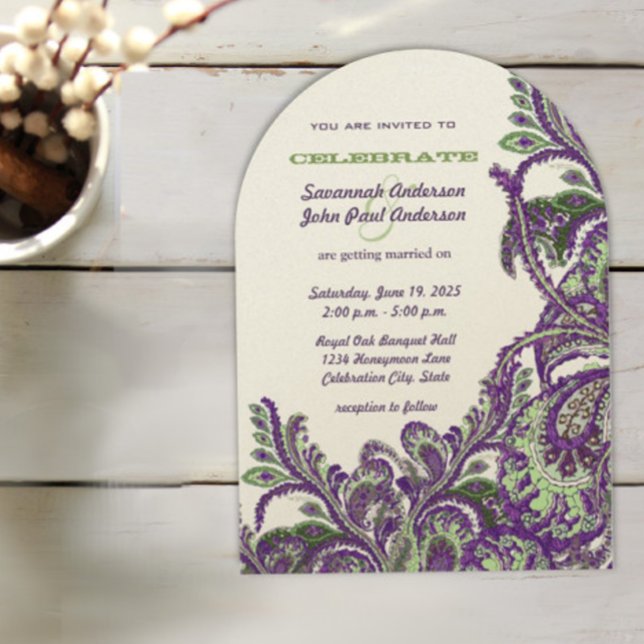 Invitation Purple et vert Vintage Peacock Paisley Mariage (Créateur téléchargé)
