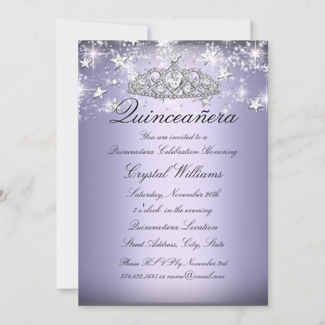 Invitation Purple Étincelle Tiara & Étoiles Quinceanera Invit (Devant)