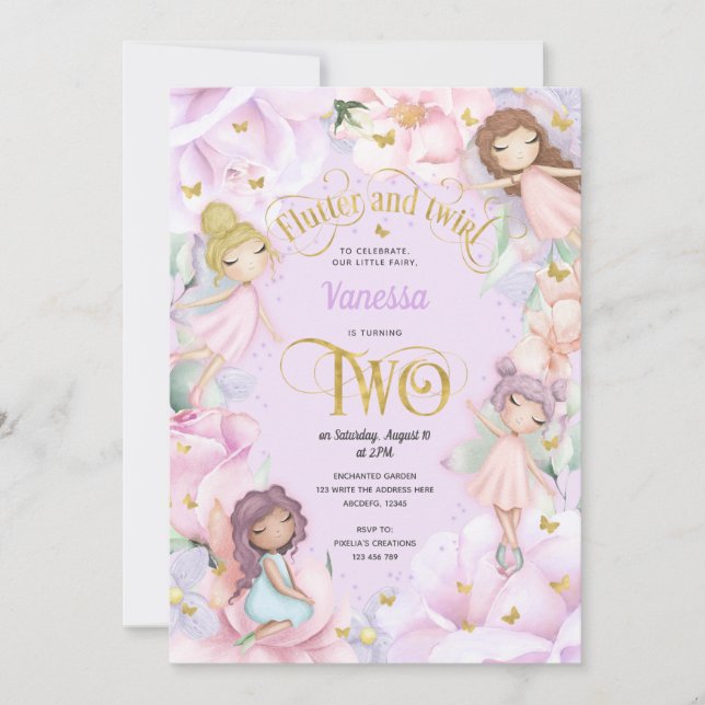 Invitation Purple Fairy thème, Girl 2e anniversaire Invitatio (Devant)
