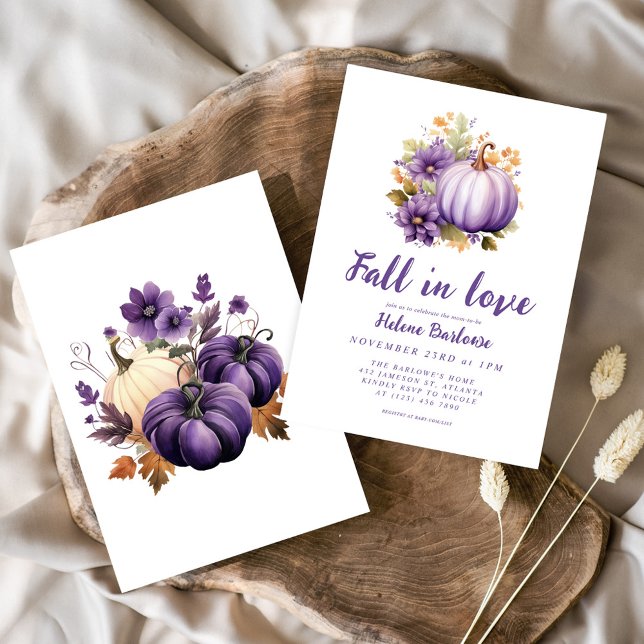 Invitation Purple Fall In Love Citrouille Baby shower (Purple Fall In Love Pumpkin Baby Shower Invitation)